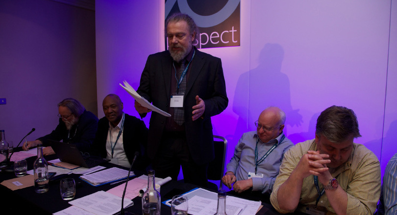 Peter Pearson, BT committee, addresses BT conference, nottingham, 17 May 2018. Photo by John Birdsall