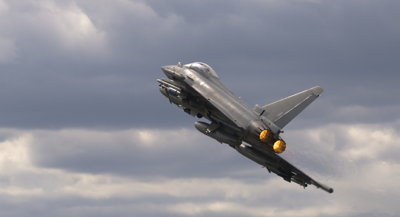 RAF Typhoon aircraft view form below and behaind in climb