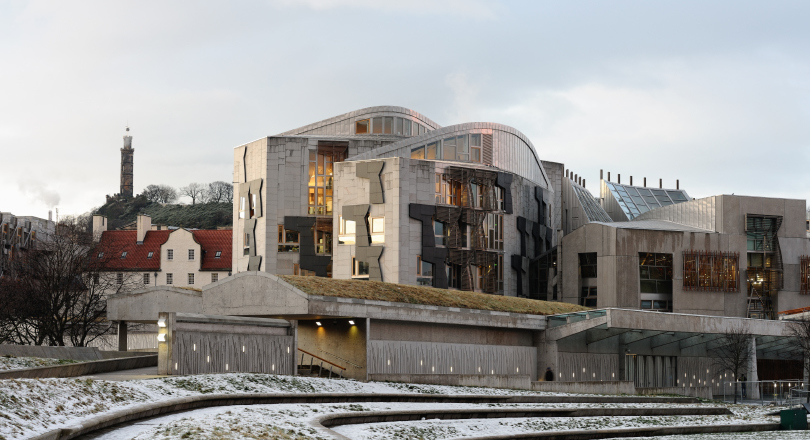 Scottish Parliament building in the snow